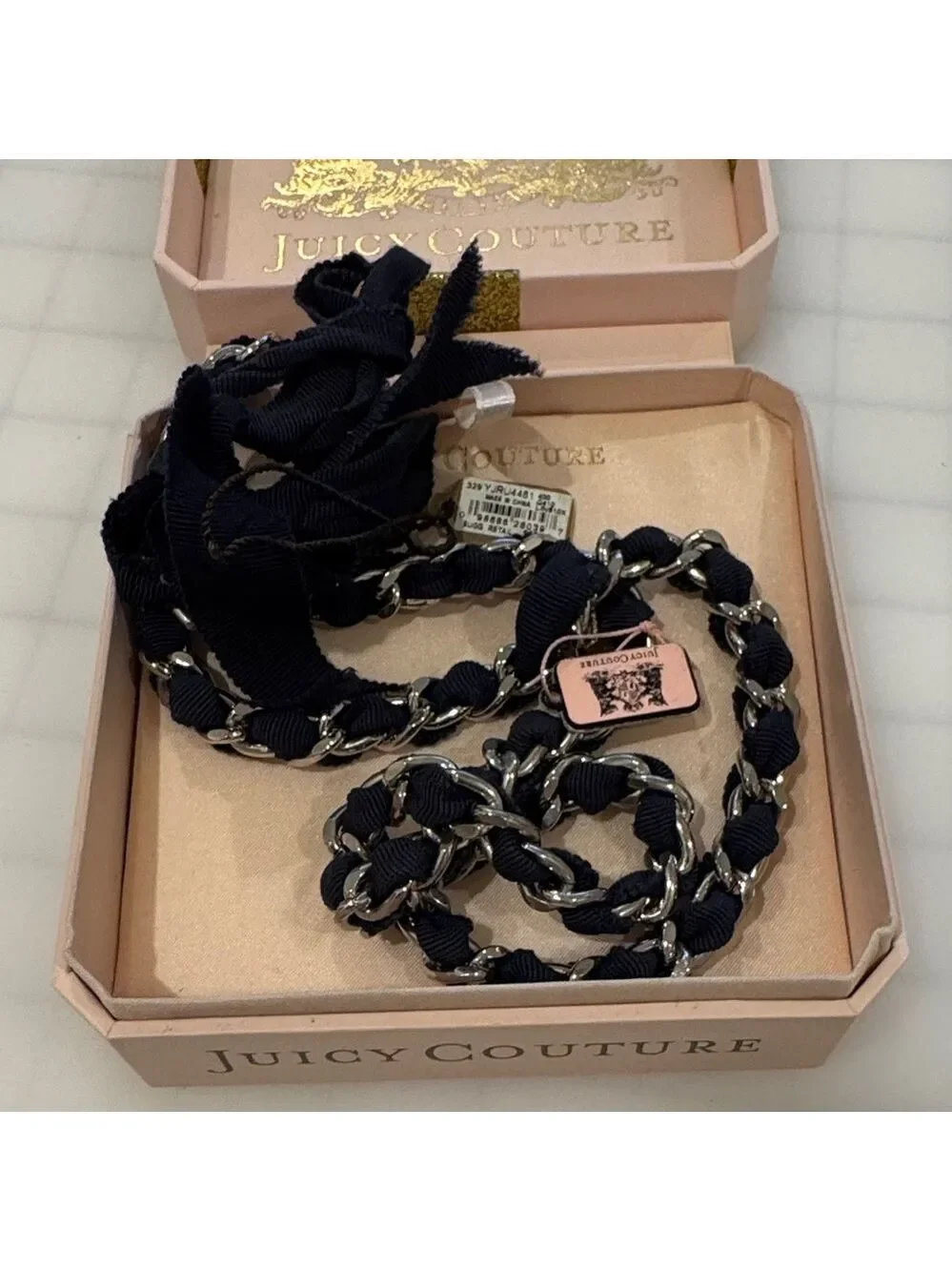 Vintage Juicy Couture navy and Silver Chain ribbon necklace